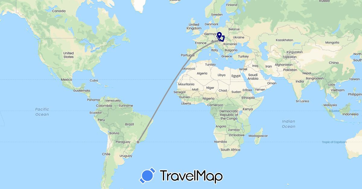 TravelMap itinerary: driving, plane in Austria, Brazil, Czech Republic, Spain, Hungary, Poland, Slovakia (Europe, South America)